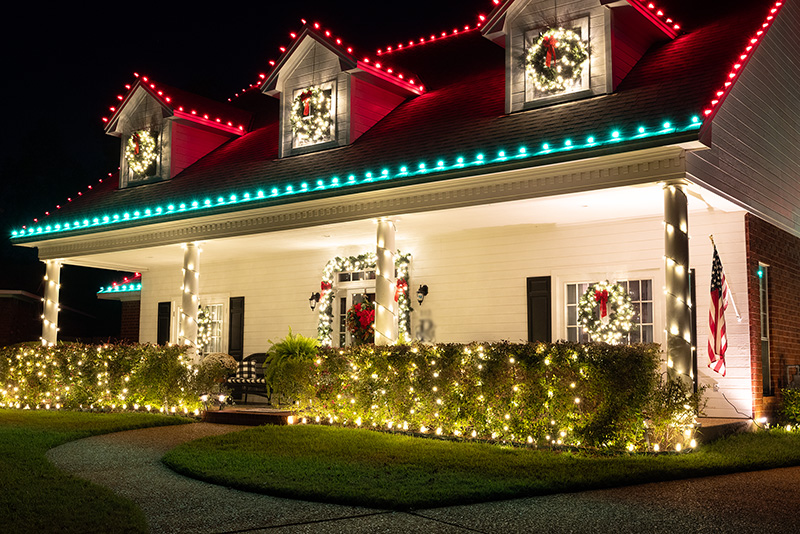 Pathway illuminated by warm white Christmas ground lighting